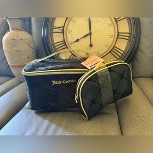 NEW JUICY COUTURE Black VELOUR 2 PK TRAVEL COSMETIC MAKEUP BAG SET